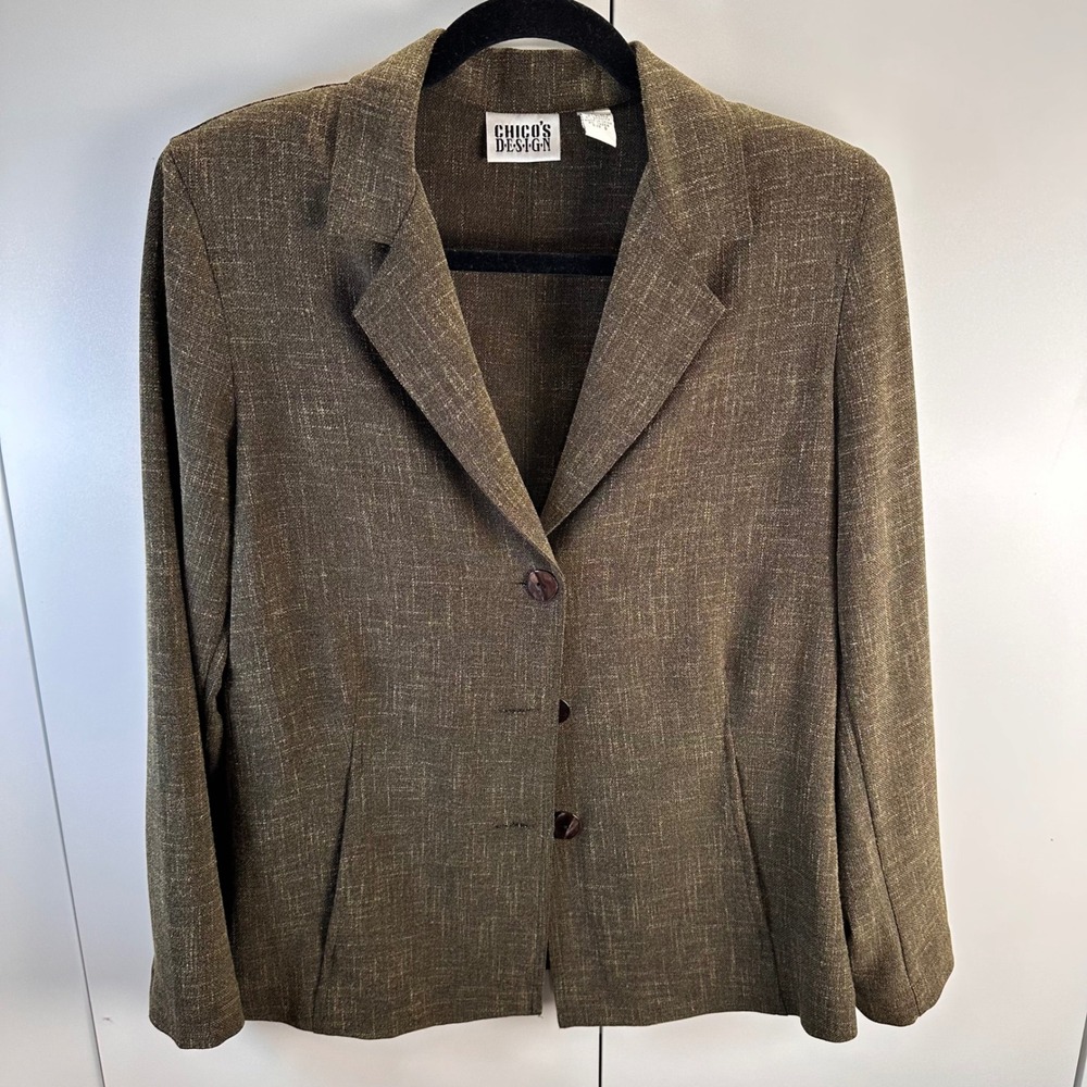 VTG‎ Chicos Womens 0 Textured Blazer Jacket Olive Green Academia Statement